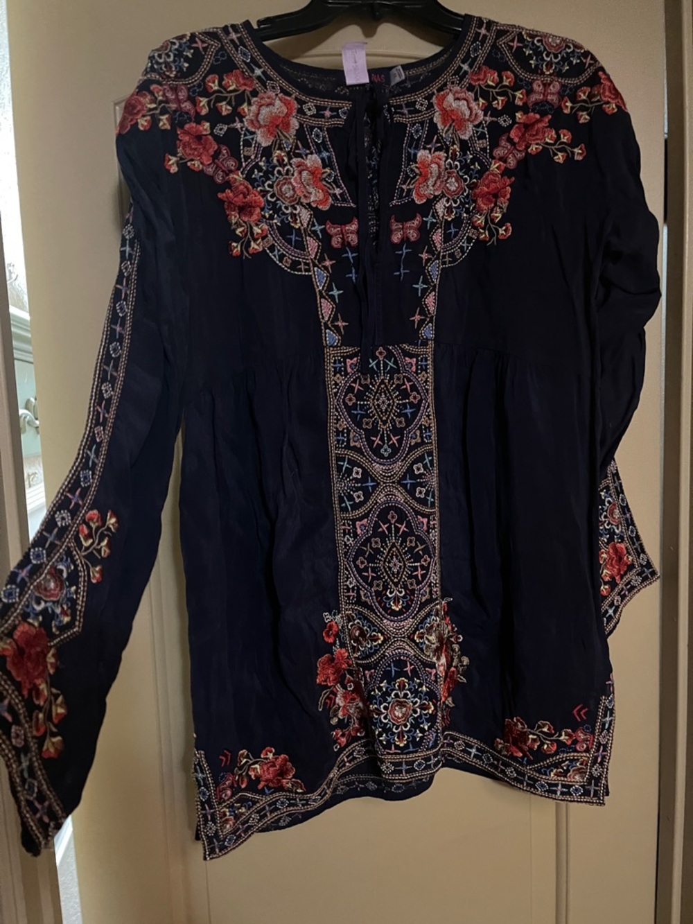 Johnny Was Navy Tunic with Red & Pink Floral Embroidery